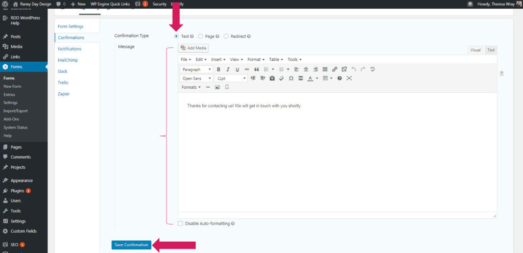 How to Customize Confirmations message in Gravity Forms