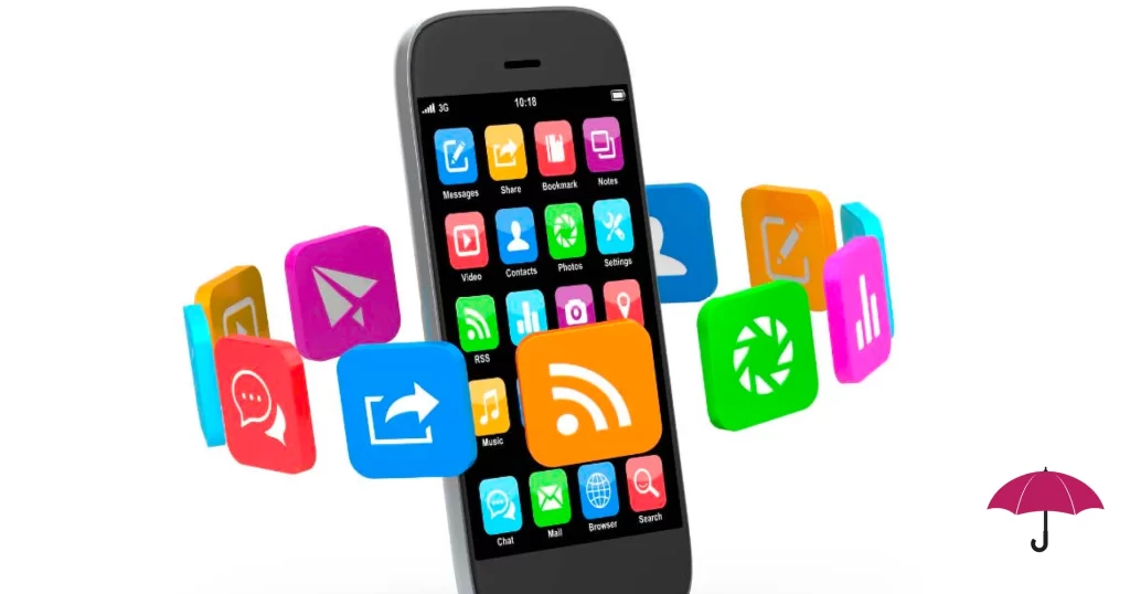 picture of an iphone with colorful icon squares circling the phone