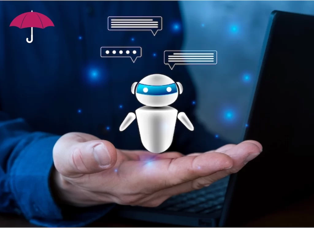 Person holding small white AI robot in hand with caption bubbles