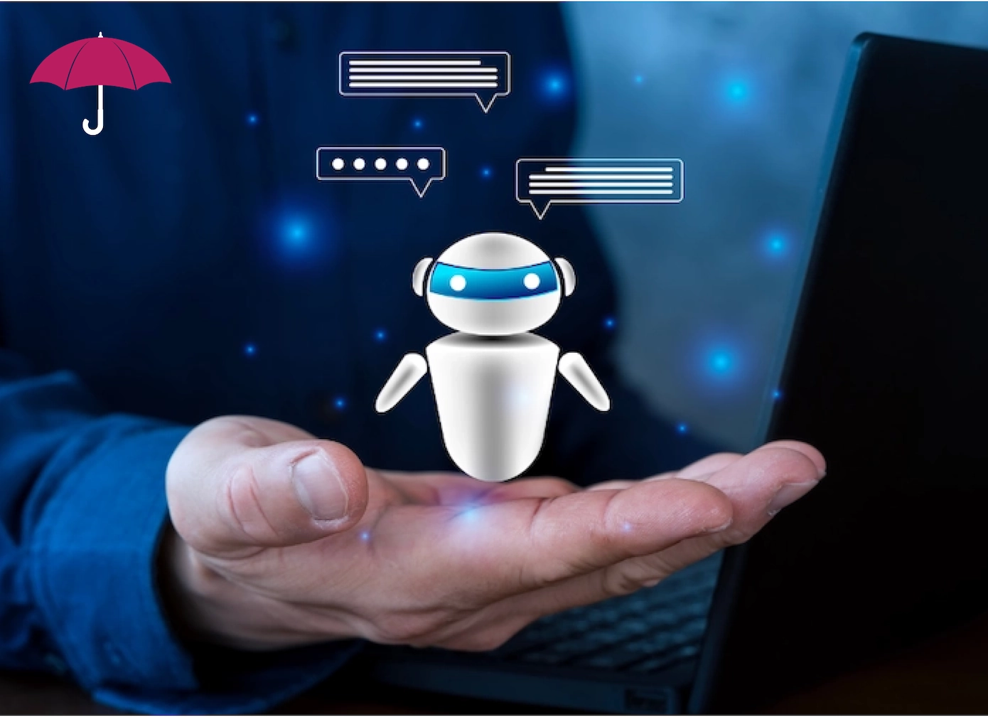 Person holding small white AI robot in hand with caption bubbles