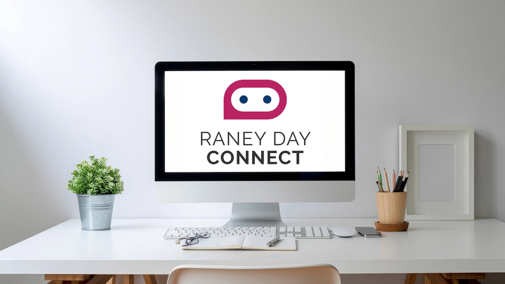 a white desk with a desktop computer. The screen says Raney Day Connect. There are accessories like a plant and a pencil holder on the desk